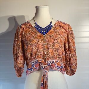 Women’s size M Rachel Zoe cropped tie front boho floral top with puff sleeves